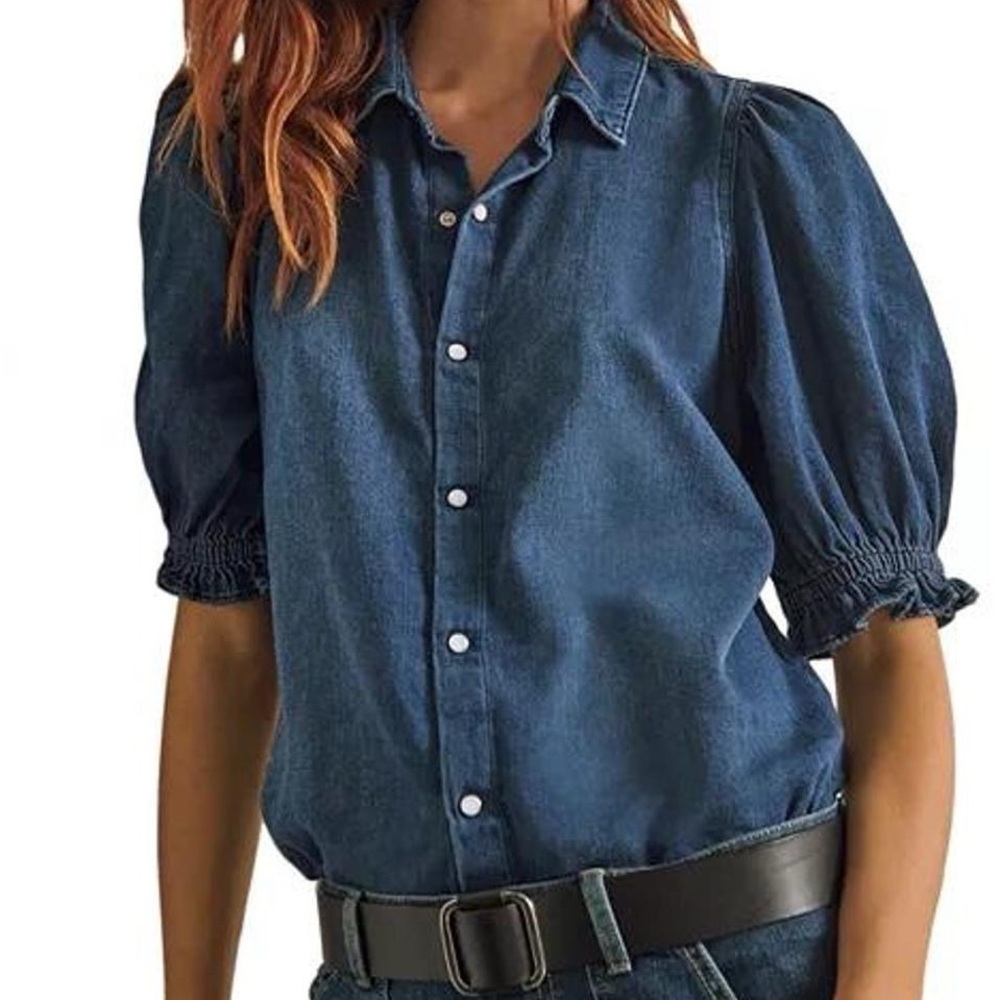 ba&sh Blue Honey Puff Sleeve Button Down Denim Shirt